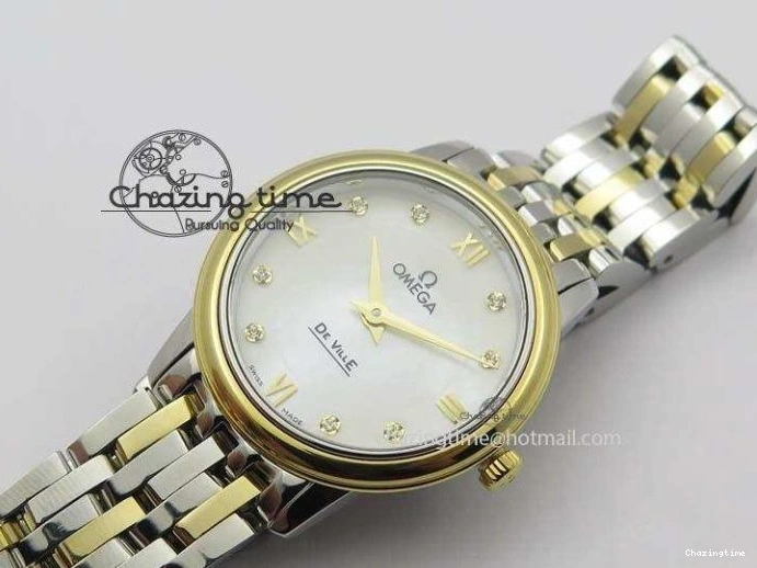 0315 OnTrend De Ville 27mm SS YG Ladies MK 1:1 Best Edition White MOP Dial Diamond Markers On SS Bracelet Ronda Quartz 8187